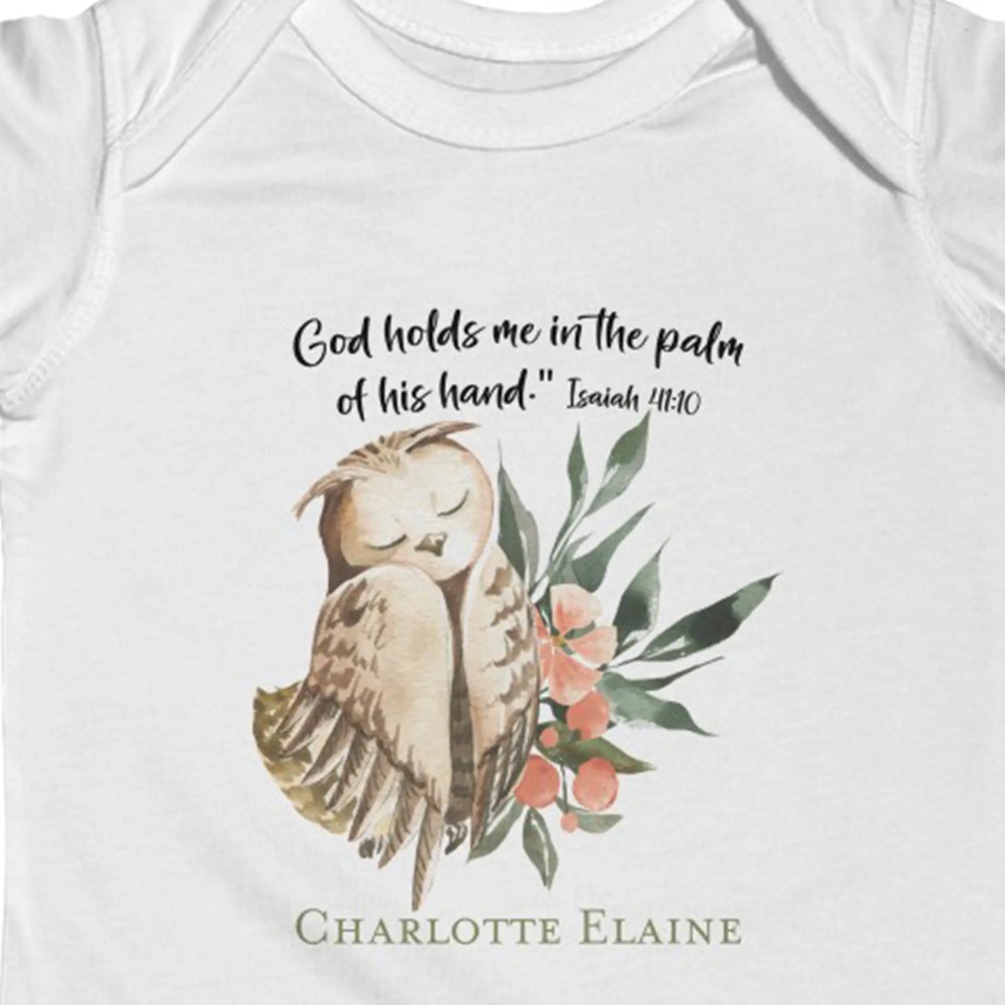 Woodland Animals Owl Scripture Personalized Baby Onesie | God Holds Me in the Palm of His Hand Isaiah 41:10 | Christian Baby Shower Gift Printify
