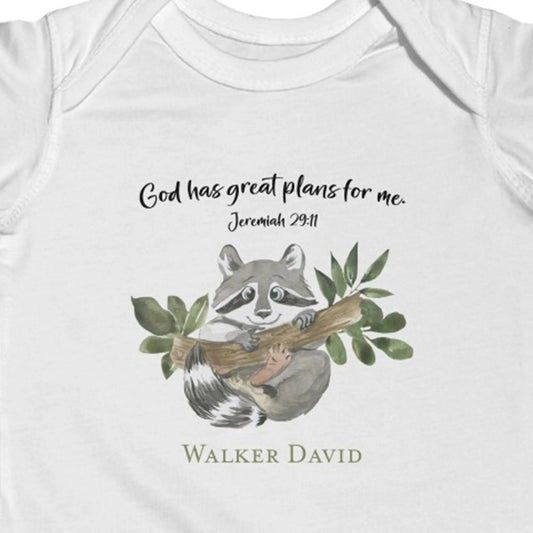 Woodland Animals Raccoon Scripture Personalized Baby Onesie | God Has Great Plans for Me Jeremiah 29:11 | Christian Baby Shower Gift Printify