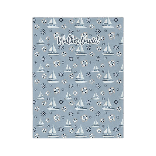 Sailboat Personalized Name Minky Blanket, custom name blanket, lap blanket, baby blanket, Plush blanket, Saliboat Blanket, Nursery Blanket Printify