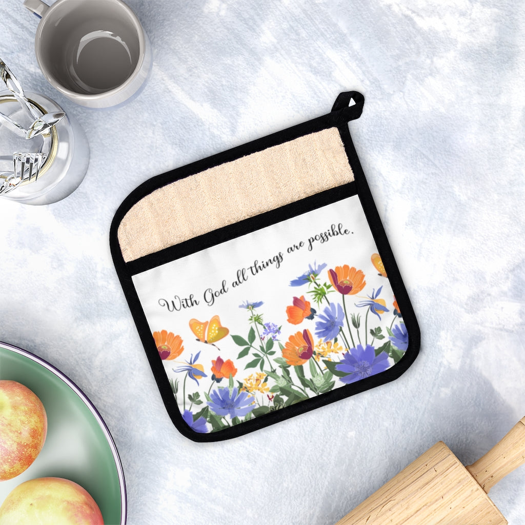 With God All Things Are Possible Orange Blue Floral Scripture Pot Holder with Pocket | Hot Pad - Amazing Faith Designs