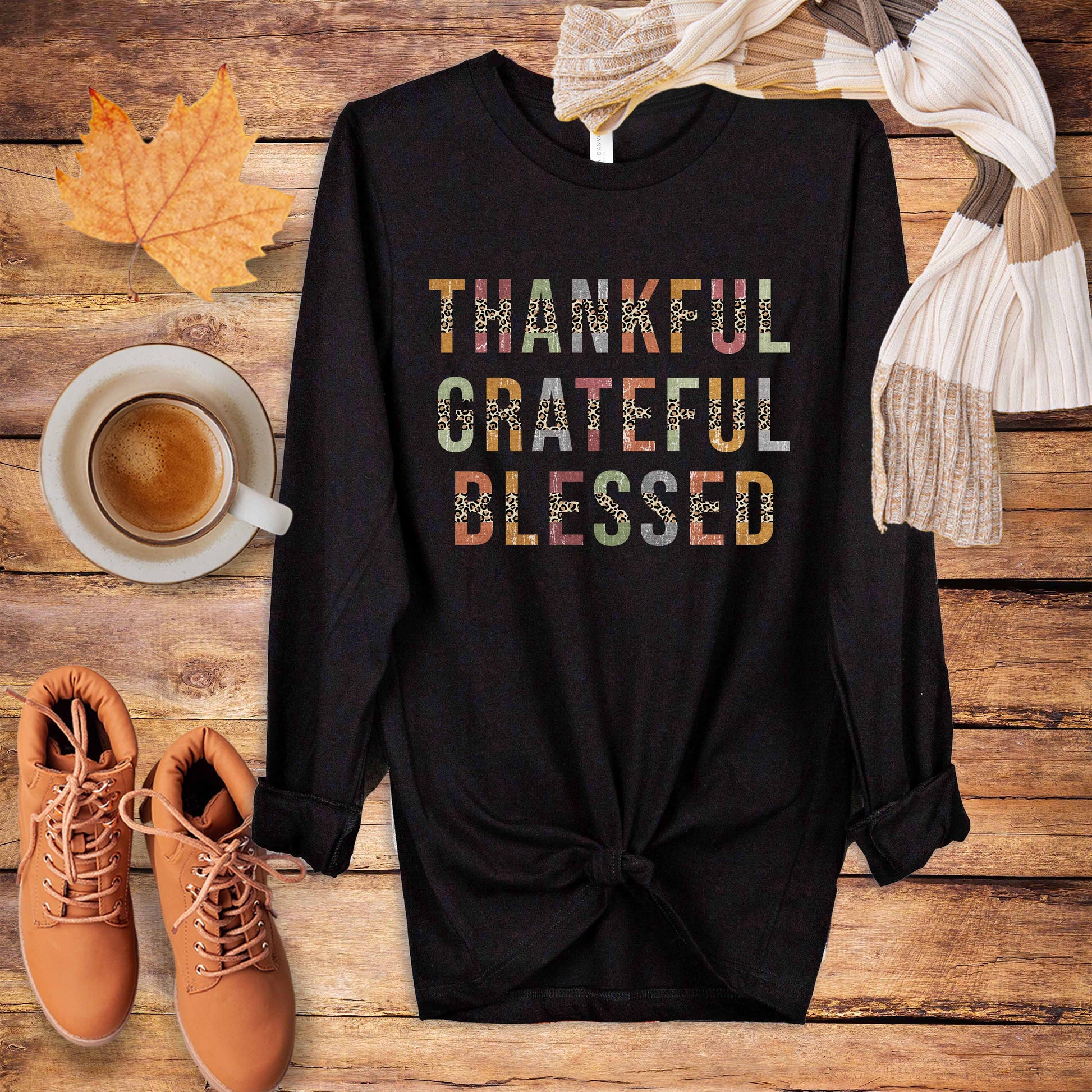 Thankful Grateful Blessed Long Sleeve Tshirt, Fall shirt, Thanksgiving shirt, Autumn Shirt, Christian Faith Tee Printify