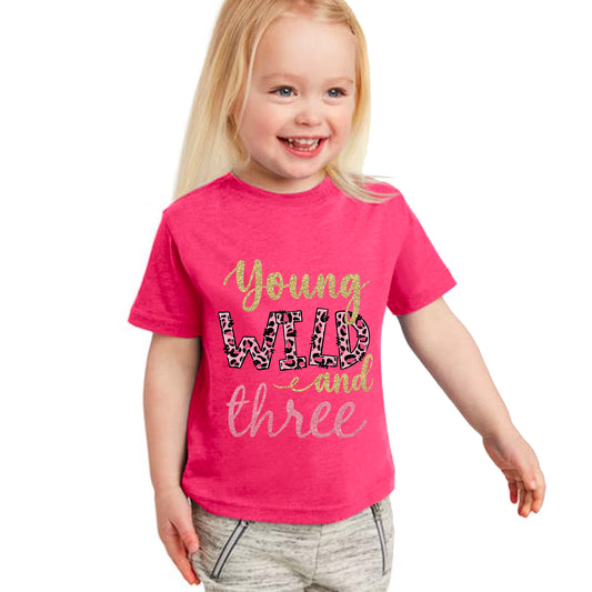 Young Wild and Three Toddler Third Birthday Tshirt, 3rd Birthday Shirt, Three Year Old Girl Tshirt - Amazing Faith Designs